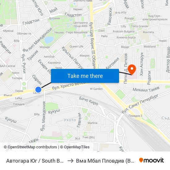 Автогара Юг / South Bus Station (187) to Вма Мбал Пловдив (Военна Болница) map