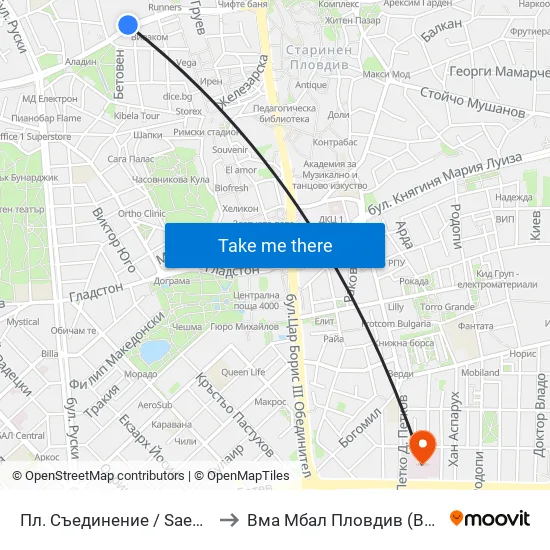 Пл. Съединение / Saedinenie Sq. (141) to Вма Мбал Пловдив (Военна Болница) map