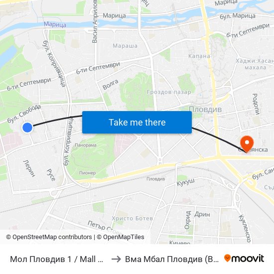 Мол Пловдив 1 / Mall Of Plovdiv 1 (315) to Вма Мбал Пловдив (Военна Болница) map