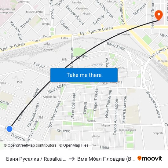 Баня Русалка / Rusalka Public Bath (199) to Вма Мбал Пловдив (Военна Болница) map