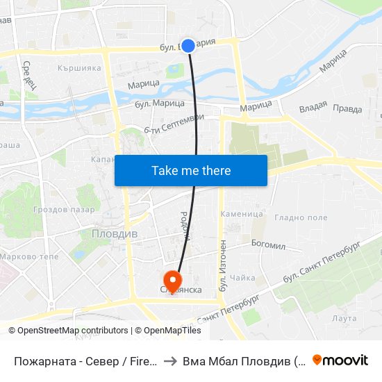 Пожарната - Север / Fire Station - North (184) to Вма Мбал Пловдив (Военна Болница) map