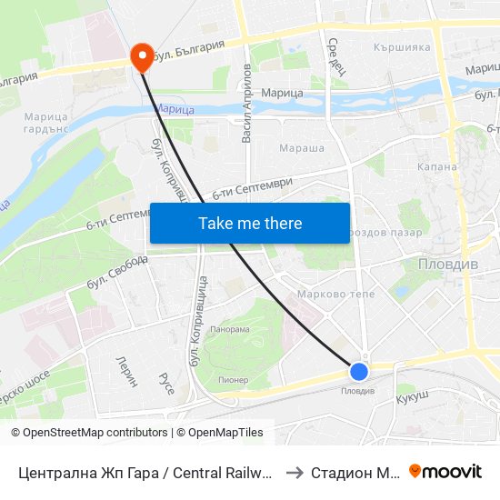Централна Жп Гара / Central Railway Station (205) to Стадион Марица map