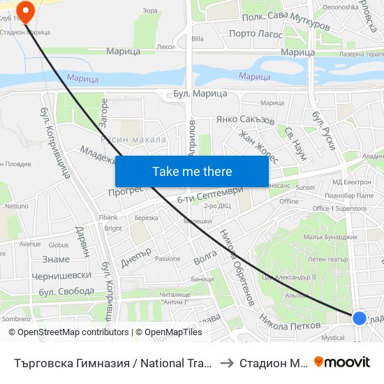 Търговска Гимназия / National Trade School (155) to Стадион Марица map