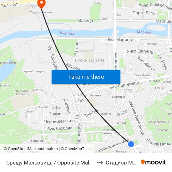 Срещу Мальовица / Opposite Malyovitsa (246) to Стадион Марица map