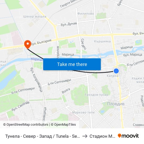 Тунела - Север - Запад / Tunela - Sever - West (10) to Стадион Марица map