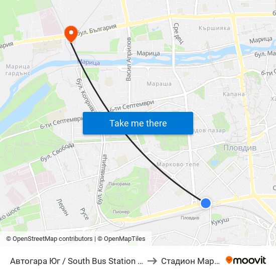 Автогара Юг / South Bus Station (187) to Стадион Марица map