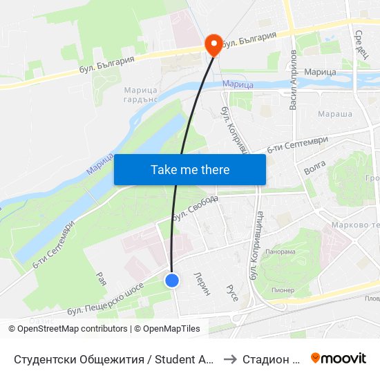 Студентски Общежития / Student Accommodation (389) to Стадион Марица map