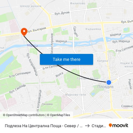 Подлеза На Централна Поща - Север / the Underpass Of Central Post Office - North (261) to Стадион Марица map