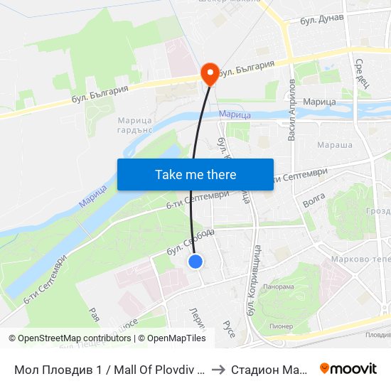 Мол Пловдив 1 / Mall Of Plovdiv 1 (315) to Стадион Марица map