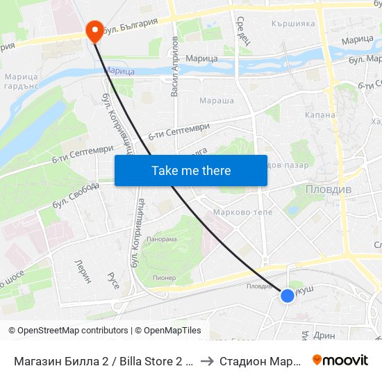 Магазин Билла 2 / Billa Store 2 (15) to Стадион Марица map