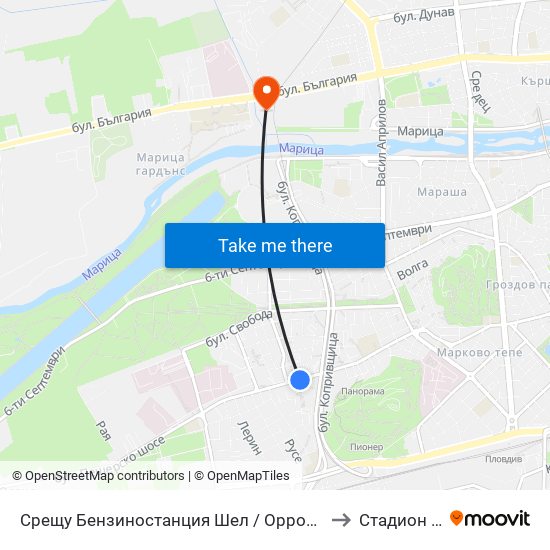 Срещу Бензиностанция Шел / Opposite Shell Gas Station (244) to Стадион Марица map