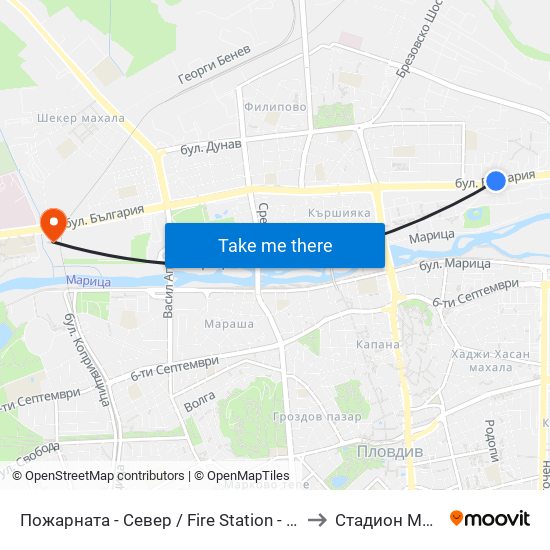 Пожарната - Север / Fire Station - North (184) to Стадион Марица map