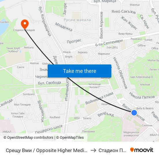 Срещу Вми / Opposite Higher Medical Institute (169) to Стадион Пловдив map