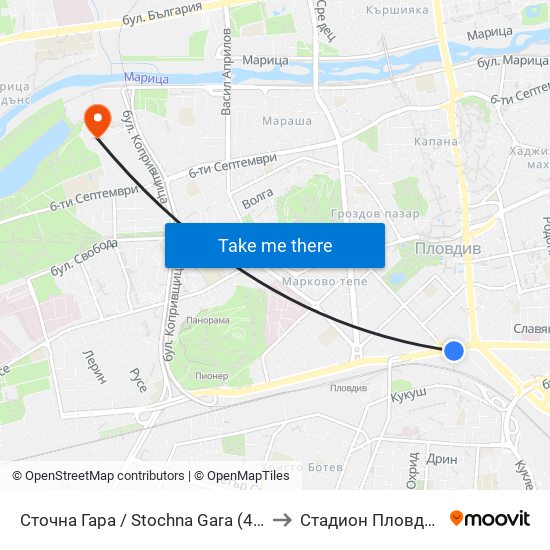 Сточна Гара / Stochna Gara (43) to Стадион Пловдив map