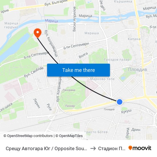 Срещу Автогара Юг / Opposite South Bus Station (206) to Стадион Пловдив map