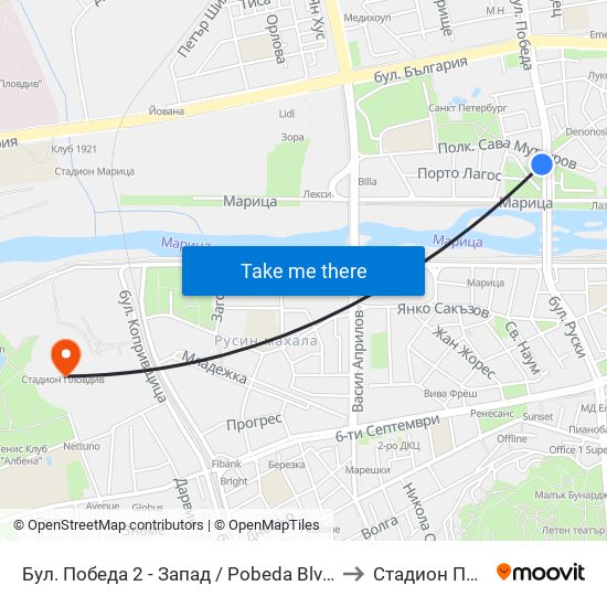 Бул. Победа 2 - Запад / Pobeda Blvd 2 - West (273) to Стадион Пловдив map