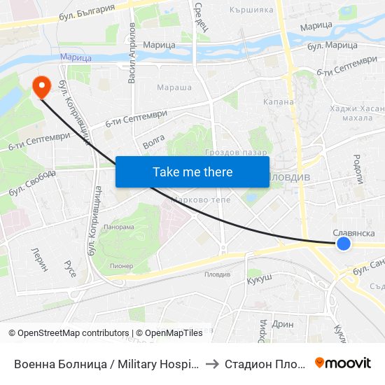 Военна Болница / Military Hospital (335) to Стадион Пловдив map