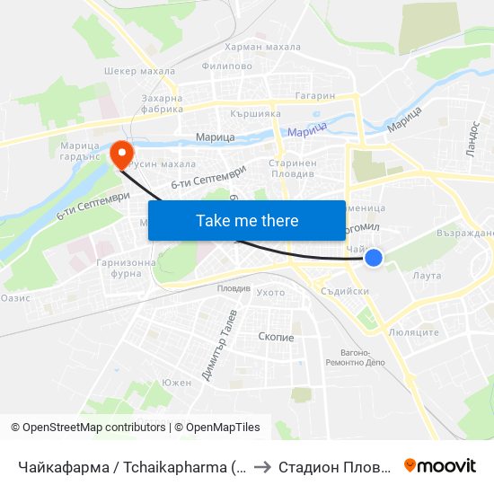 Чайкафарма / Tchaikapharma (219) to Стадион Пловдив map