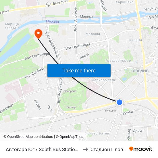 Автогара Юг / South Bus Station (187) to Стадион Пловдив map