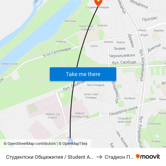 Студентски Общежития / Student Accommodation (389) to Стадион Пловдив map