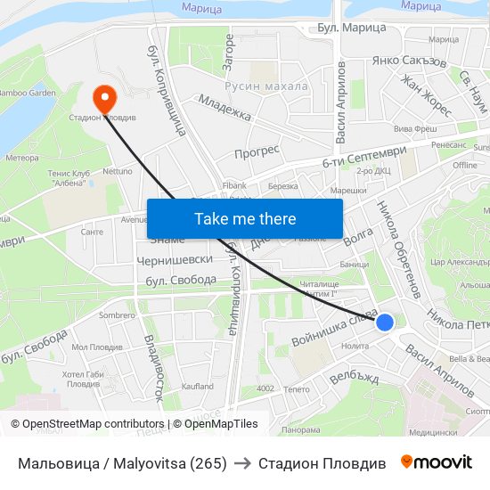 Мальовица / Malyovitsa (265) to Стадион Пловдив map