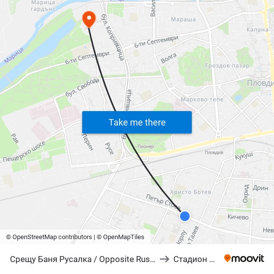 Срещу Баня Русалка / Opposite Rusalka Public Bath (194) to Стадион Пловдив map