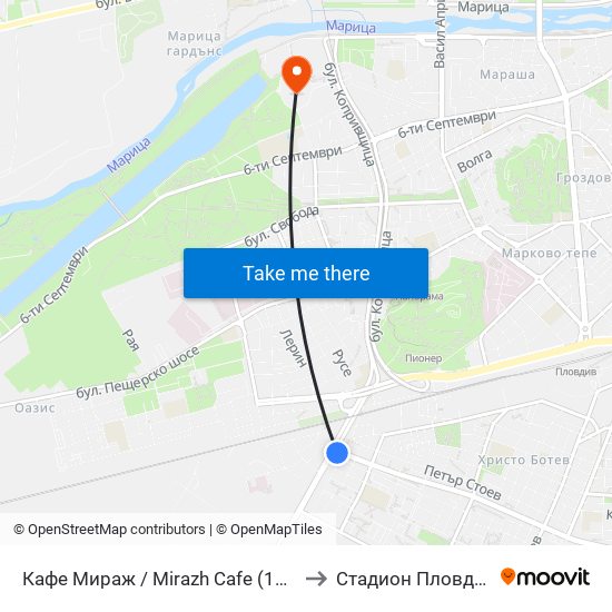 Кафе Мираж / Mirazh Cafe (191) to Стадион Пловдив map