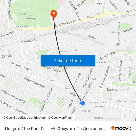 Пощата / the Post Office (39) to Факултет По Дентална Медицина map