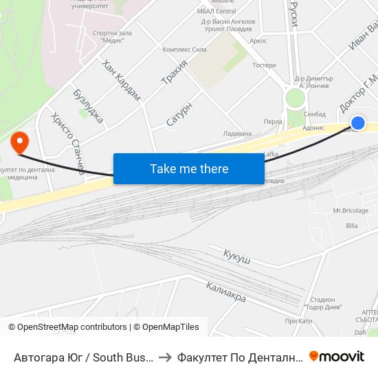 Автогара Юг / South Bus Station (187) to Факултет По Дентална Медицина map