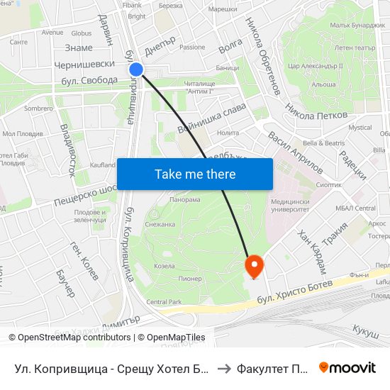 Ул. Копривщица - Срещу Хотел Бордо / Koprivshtitsa St. - Opposite Bordeaux Hotel (313) to Факултет По Дентална Медицина map