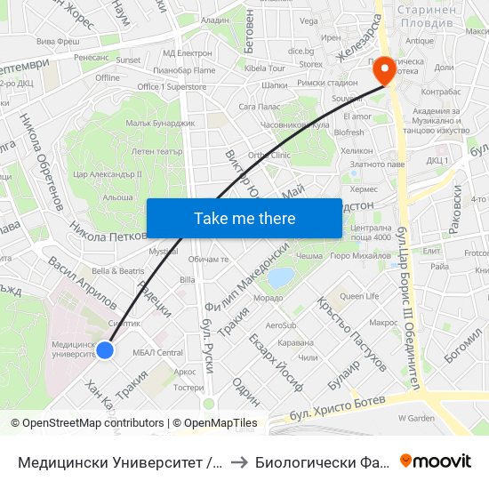 Медицински Университет / Medical University to Биологически Факултет На Пу map