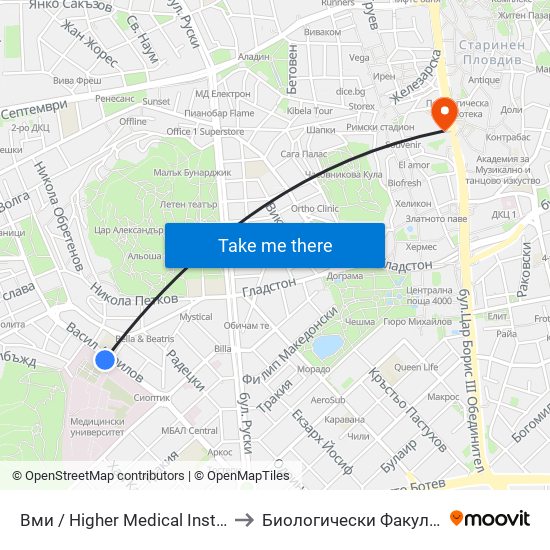 Вми / Higher Medical Institute (328) to Биологически Факултет На Пу map