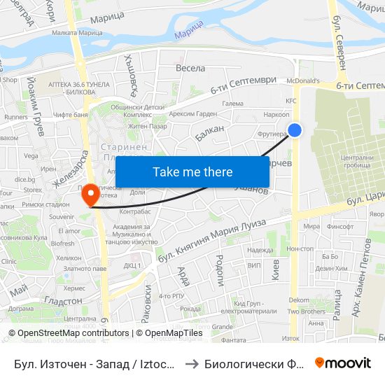 Бул. Източен - Запад / Iztochen Blvd - West (122) to Биологически Факултет На Пу map