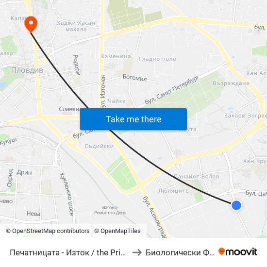Печатницата - Изток / the Printing House - East (332) to Биологически Факултет На Пу map