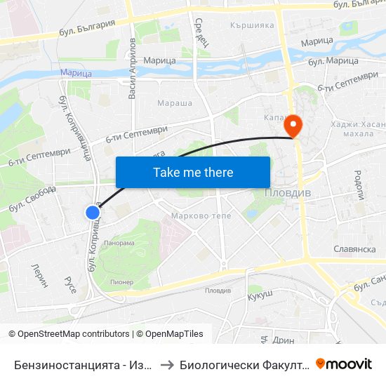 Бензиностанцията - Изток (439) to Биологически Факултет На Пу map