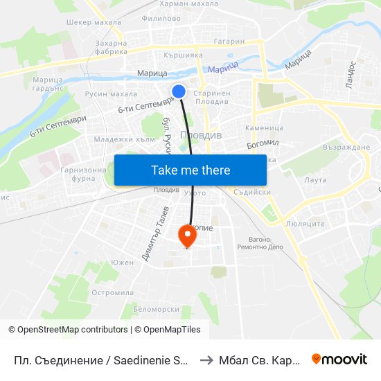 Пл. Съединение / Saedinenie Sq. (141) to Мбал Св. Каридад map