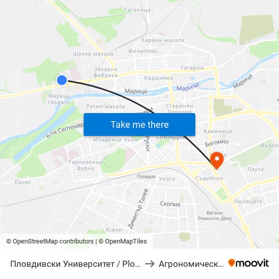 Пловдивски Университет / Plovdiv University (1003) to Агрономически Факултет map