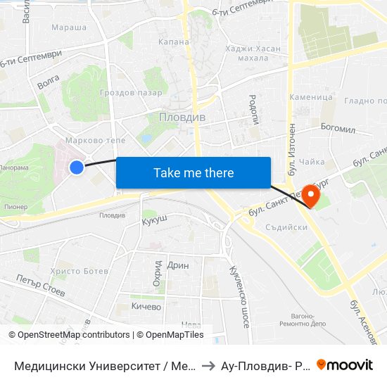 Медицински Университет / Medical University to Ау-Пловдив- Ректорат map