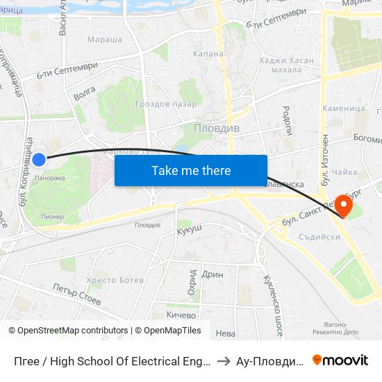 Пгее / High School Of Electrical Engineering And Electronics (171) to Ау-Пловдив- Ректорат map