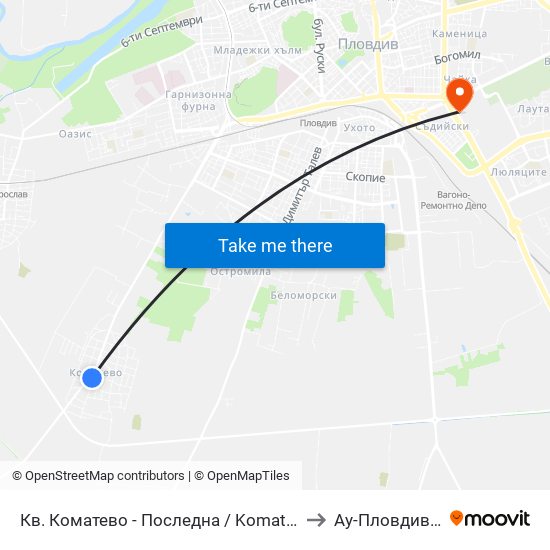 Кв. Коматево - Последна / Komatevo Qr. - Last Stop (1000) to Ау-Пловдив- Ректорат map