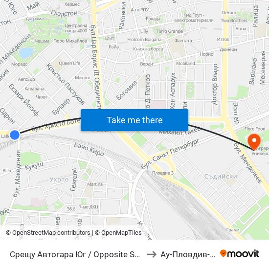 Срещу Автогара Юг / Opposite South Bus Station (206) to Ау-Пловдив- Ректорат map