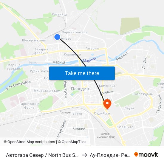 Автогара Север / North Bus Station (57) to Ау-Пловдив- Ректорат map