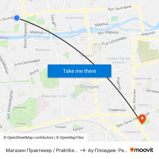 Магазин Практикер / Praktiker Store (97) to Ау-Пловдив- Ректорат map