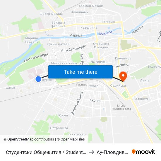 Студентски Общежития / Student Accommodation (389) to Ау-Пловдив- Ректорат map