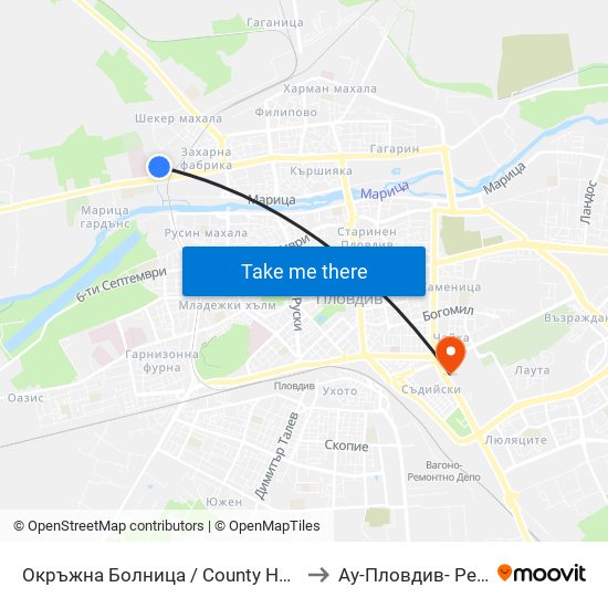 Окръжна Болница / County Hospital (271) to Ау-Пловдив- Ректорат map