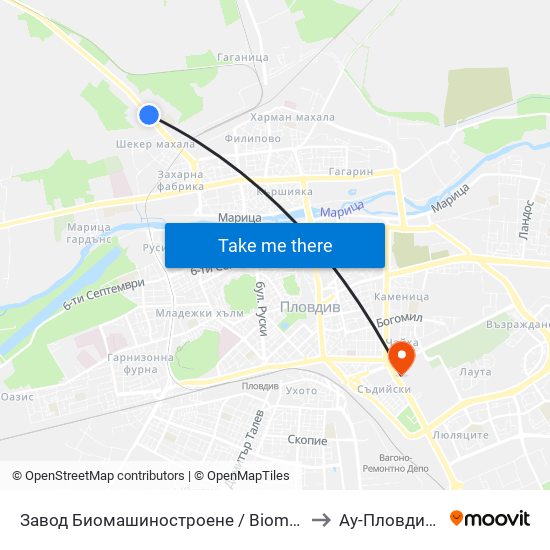 Завод Биомашиностроене / Biomashinostroene Factory (1017) to Ау-Пловдив- Ректорат map