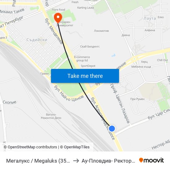 Мегалукс / Megaluks (356) to Ау-Пловдив- Ректорат map