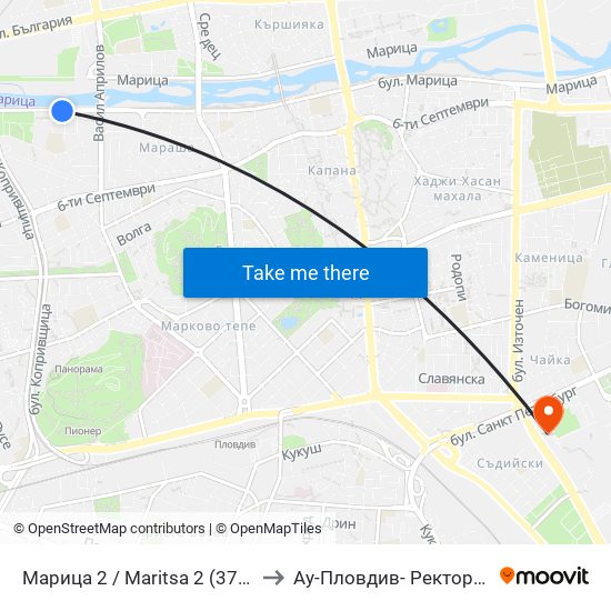 Марица 2 / Maritsa 2 (374) to Ау-Пловдив- Ректорат map