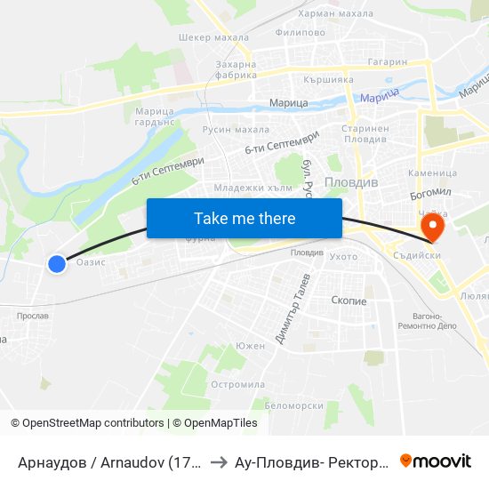 Арнаудов / Arnaudov (176) to Ау-Пловдив- Ректорат map