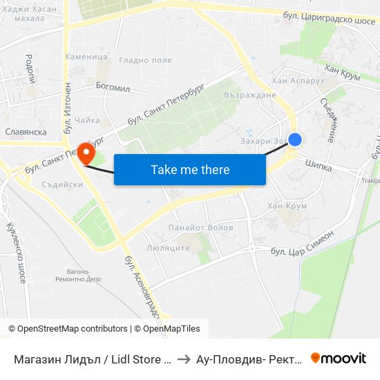 Магазин Лидъл / Lidl Store (359) to Ау-Пловдив- Ректорат map